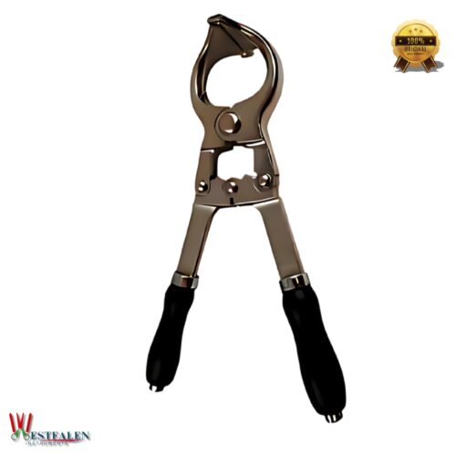Cox-style bloodless castration emasculator tool with stainless steel body and rubber grip handles, used for humane livestock castration without cutting skin.
