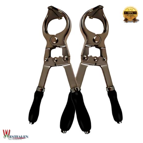 Cox-style bloodless castration emasculator tool with stainless steel body and rubber grip handles, used for humane livestock castration without cutting skin.