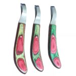 Curved hoof knife with stainless steel blade and colorful wooden handle – WESTFALENINSTRUMENTE farrier tool for trimming horse hooves.