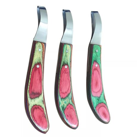 Curved hoof knife with stainless steel blade and colorful wooden handle – WESTFALENINSTRUMENTE farrier tool for trimming horse hooves.