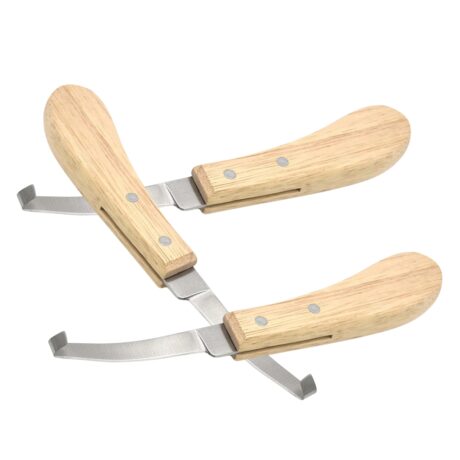 Double edge hoof knife with stainless steel curved blade and light wooden handle – WESTFALENINSTRUMENTE farrier trimming tool for horse hoof care.