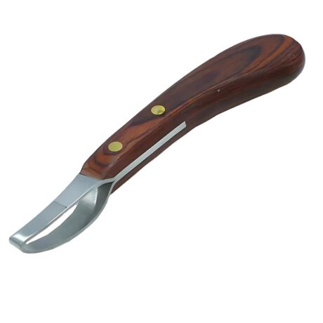Loop blade hoof knife with stainless steel blade and polished wooden handle – WESTFALENINSTRUMENTE classic farrier tool for trimming horse hooves.