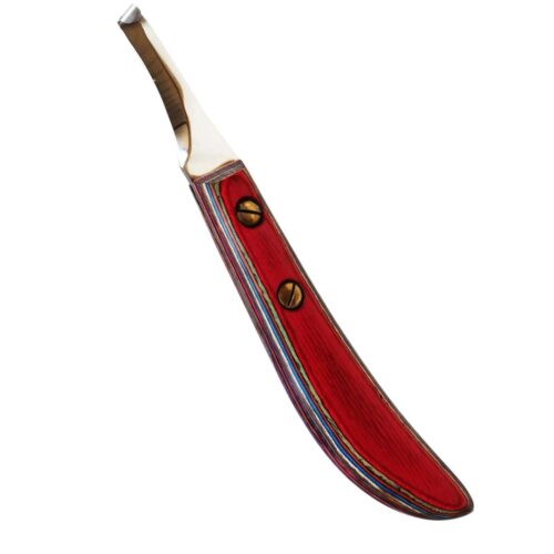 Right-handed hoof knife with sharp carbon steel blade and vibrant red multi-layered wooden handle – WESTFALENINSTRUMENTE professional farrier tool for horse hoof trimming.