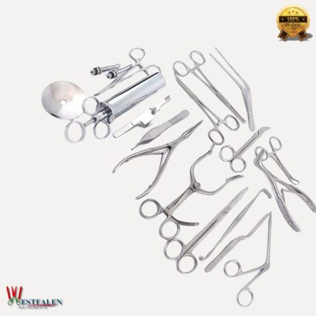 16-piece ENT examination and surgical instrument set made from stainless steel, displayed in secure packaging for professional medical use