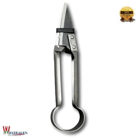 Westfaleninstrumente Due Buoi 10" Single Bow Straight Sheep Shears with Carbon Steel Blades and Leather & Steel Handle on White Background