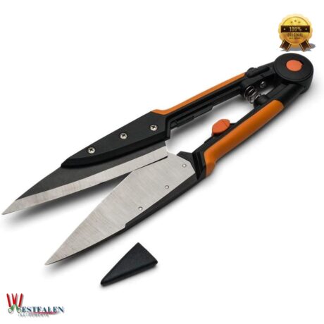 Westfaleninstrumente Grass and Topiary Shears with 6" Razor Sharp Spring Blades, Rubberized Grips, and Blade Safety Cap on White Background