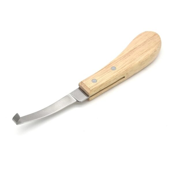 Double edge hoof knife with stainless steel curved blade and light wooden handle – WESTFALENINSTRUMENTE farrier trimming tool for horse hoof care.