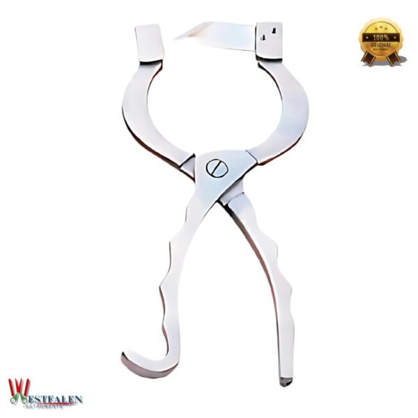 New Barry stainless steel castrating knife with curved cutting blade and ergonomic handle, designed for precision livestock castration procedures.