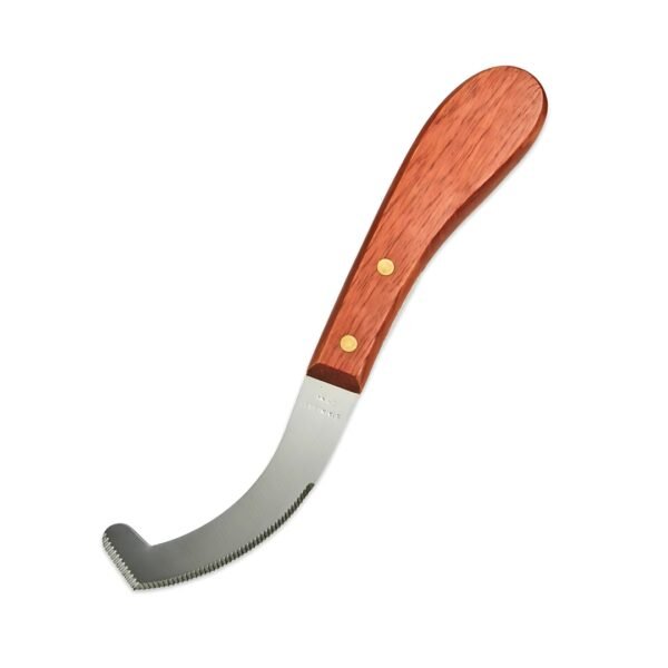 Hoof knife with curved stainless steel blade and wooden handle, used for horse hoof trimming – WESTFALENINSTRUMENTE farrier tool.