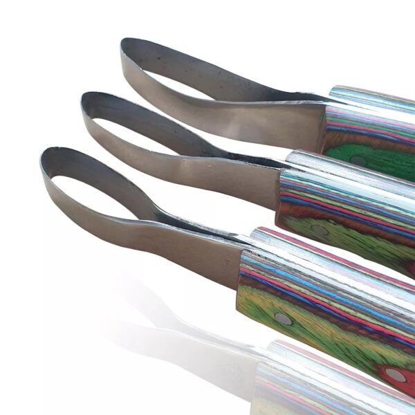 Curved hoof knife with stainless steel blade and colorful wooden handle – WESTFALENINSTRUMENTE farrier tool for trimming horse hooves.