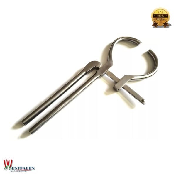 Adjustable stainless steel hoof tester for farrier and veterinary use by WestfalenInstrumente, featuring a locking mechanism for precise hoof examination.