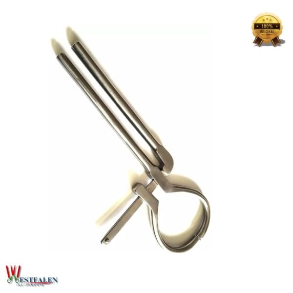 Adjustable stainless steel hoof tester for farrier and veterinary use by WestfalenInstrumente, featuring a locking mechanism for precise hoof examination.