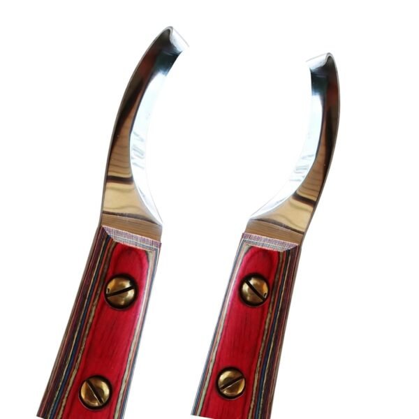 Right-handed hoof knife with sharp carbon steel blade and vibrant red multi-layered wooden handle – WESTFALENINSTRUMENTE professional farrier tool for horse hoof trimming.