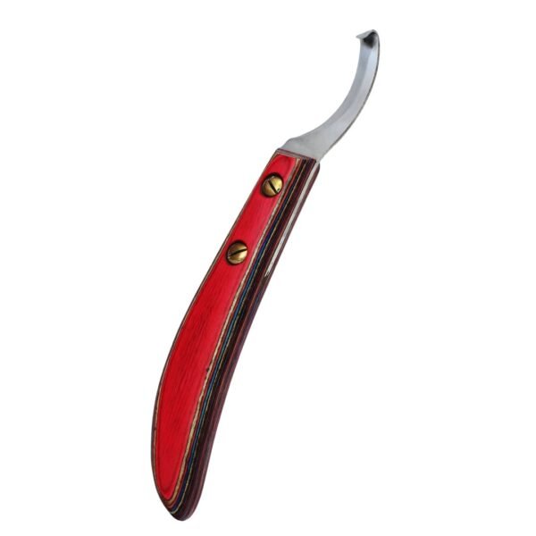 Right-handed hoof knife with sharp carbon steel blade and vibrant red multi-layered wooden handle – WESTFALENINSTRUMENTE professional farrier tool for horse hoof trimming.