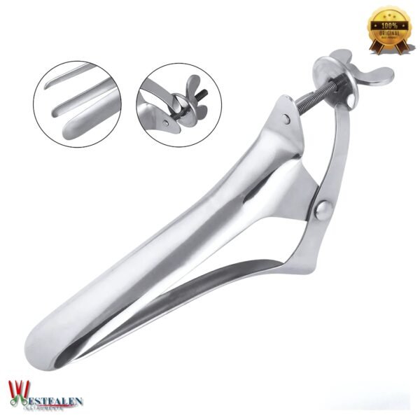 Stainless steel Polansky vaginal speculum with long ergonomic handles for cows and mares, veterinary-grade for equine and livestock examination.
