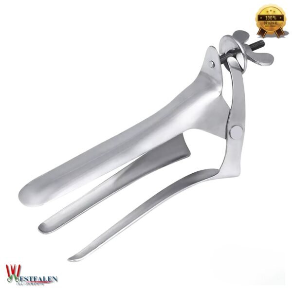 Stainless steel Polansky vaginal speculum with long ergonomic handles for cows and mares, veterinary-grade for equine and livestock examination.