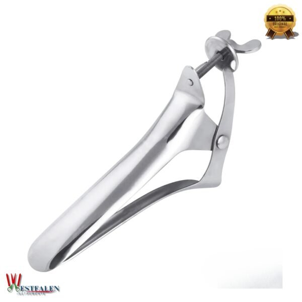 Stainless steel Polansky vaginal speculum with long ergonomic handles for cows and mares, veterinary-grade for equine and livestock examination.