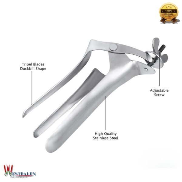 Stainless steel Polansky vaginal speculum with long ergonomic handles for cows and mares, veterinary-grade for equine and livestock examination.