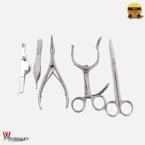16-piece ENT examination and surgical instrument set made from stainless steel, displayed in secure packaging for professional medical use