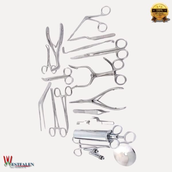 16-piece ENT examination and surgical instrument set made from stainless steel, displayed in secure packaging for professional medical use
