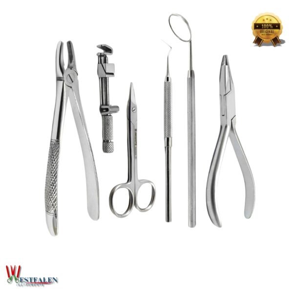 Dental tooth extraction surgical kit including stainless steel wire cut scissors, mouth inspection tool, and extraction instruments