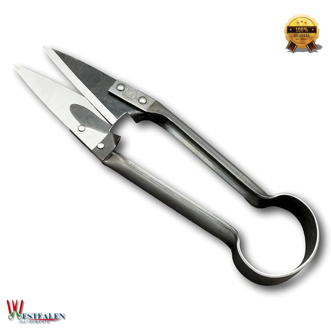 Westfaleninstrumente Due Buoi 10" Single Bow Straight Sheep Shears with Carbon Steel Blades and Leather & Steel Handle on White Background