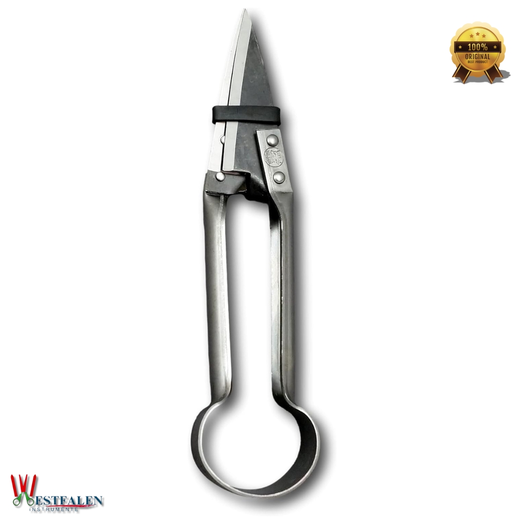 Westfaleninstrumente Due Buoi 10" Single Bow Straight Sheep Shears with Carbon Steel Blades and Leather & Steel Handle on White Background