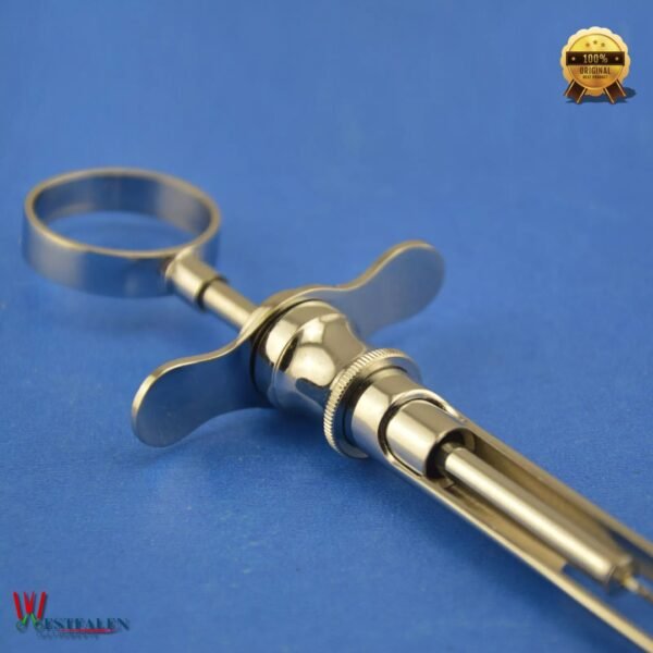 Westfaleninstrumente German Anesthetic Syringe Self-Aspirating 1.8CC made of stainless steel on white background
