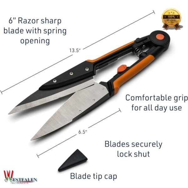 Westfaleninstrumente Grass and Topiary Shears with 6" Razor Sharp Spring Blades, Rubberized Grips, and Blade Safety Cap on White Background