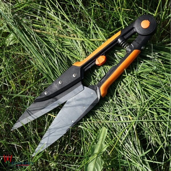 Westfaleninstrumente Grass and Topiary Shears with 6" Razor Sharp Spring Blades, Rubberized Grips, and Blade Safety Cap on White Background