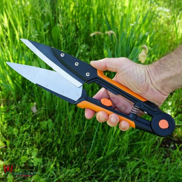 Westfaleninstrumente Grass and Topiary Shears with 6" Razor Sharp Spring Blades, Rubberized Grips, and Blade Safety Cap on White Background