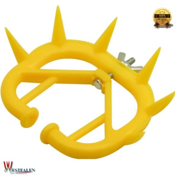 Yellow plastic calf weaner nose ring with spike design and wing nut for livestock weaning from Westfaleninstrumente