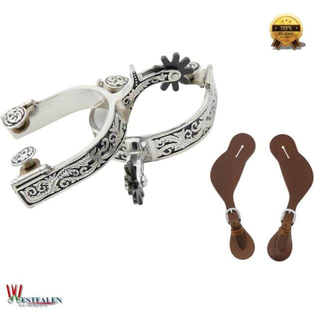 Jeereal Western Spurs with Leather Spur Straps – Engraved Rowel & Trim Set for Men and Women
