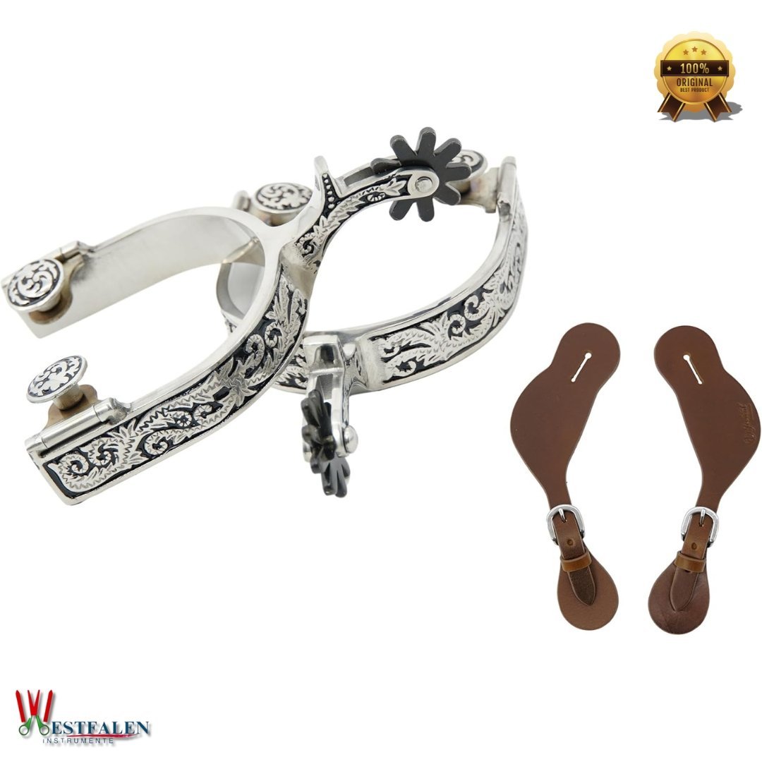 Jeereal Western Spurs with Leather Spur Straps – Engraved Rowel & Trim Set for Men and Women