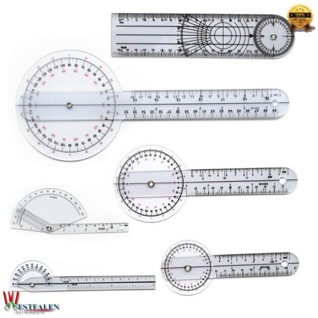 Goniometer Set of 6 with Carry Bag – 360° Orthopedic Goniometer Kit (6", 8", 12", Spinal, Finger, and 180° Ruler) – Transparent PVC for Physical Therapy & Joint Measurement