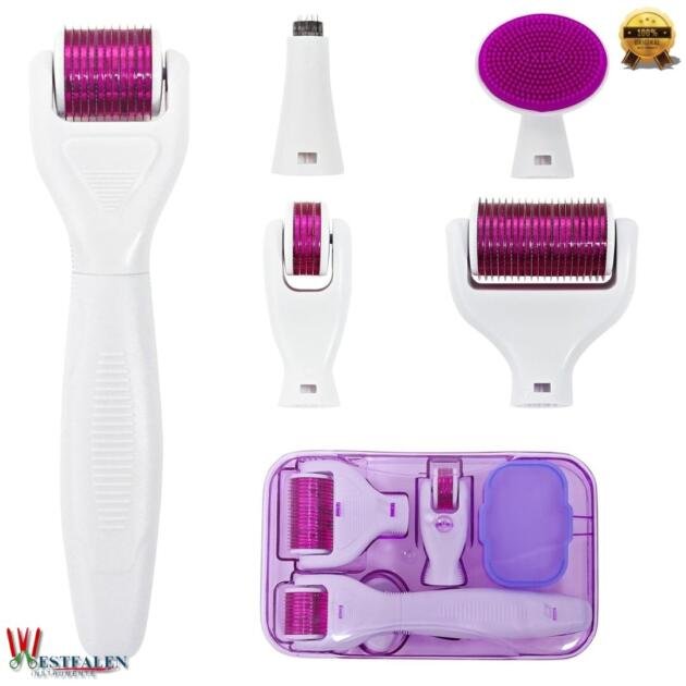 WESTFALEN INSTRUMENTE 6-in-1 Derma Roller Kit for Hair, Beard & Skin – Microneedling Set with 5 Replaceable Heads – 300, 720 & 1200 Titanium Needles