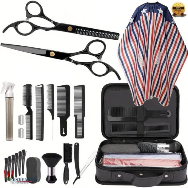 22 Pcs Professional Hair Cutting Kit – Complete Barber & Salon Tool Set with Scissors, Cape, Combs, Razor, Brush & Barber Bag
