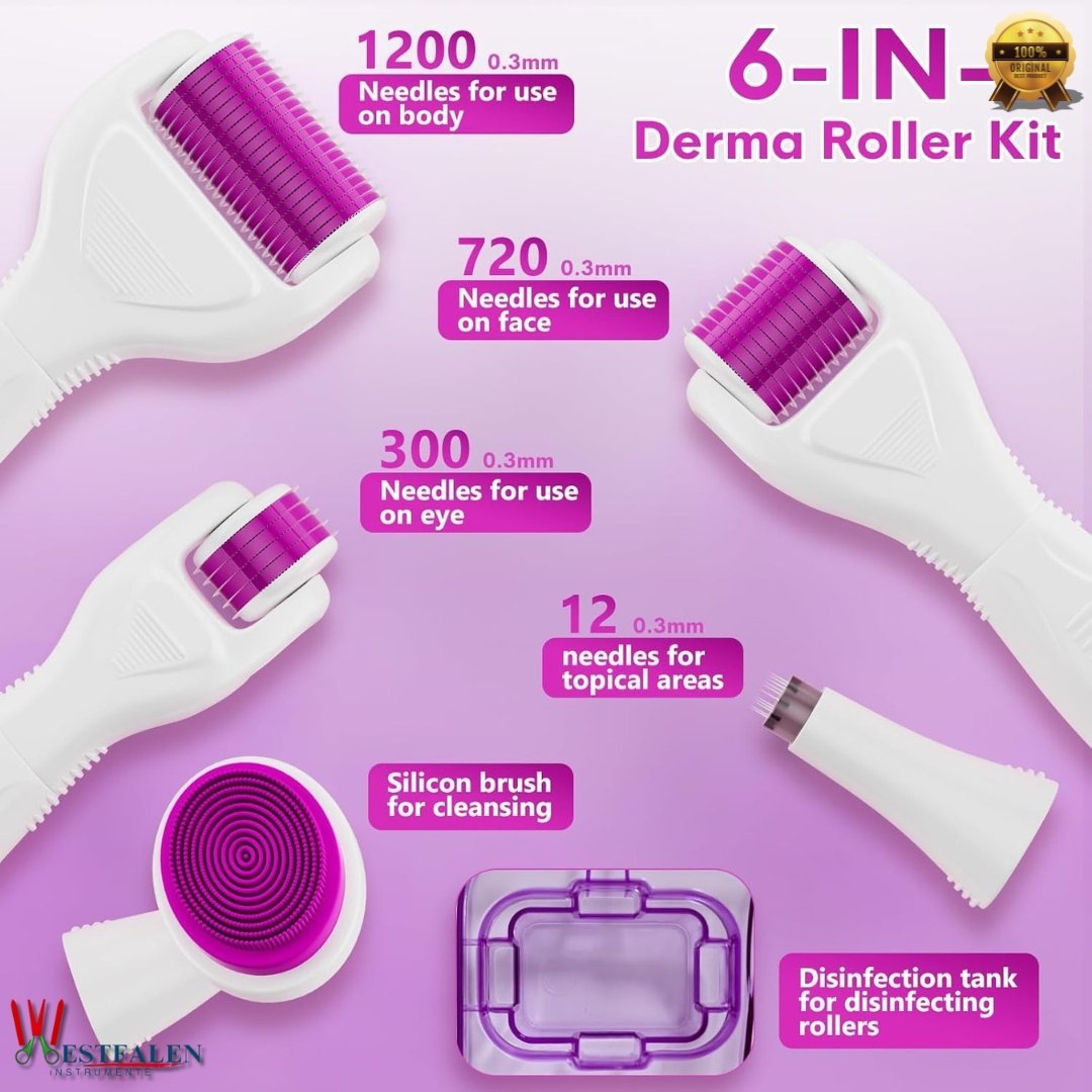 WESTFALEN INSTRUMENTE 6-in-1 Derma Roller Kit for Hair, Beard & Skin – Microneedling Set with 5 Replaceable Heads – 300, 720 & 1200 Titanium Needles - Image 3