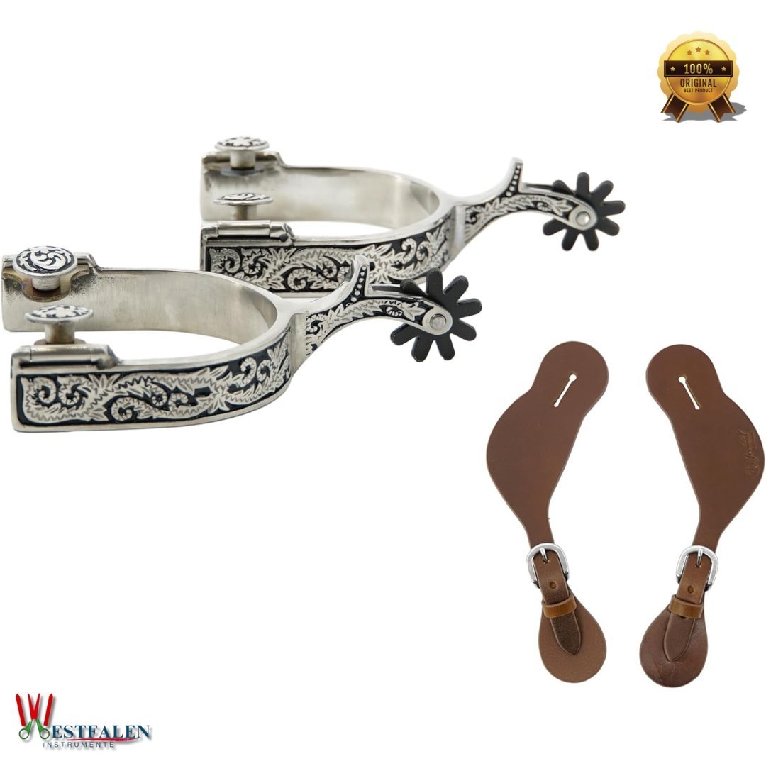 Jeereal Western Spurs with Leather Spur Straps – Engraved Rowel & Trim Set for Men and Women - Image 5