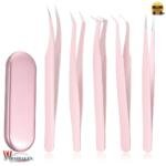 5 Pcs Eyelash Extension Tweezers Set – Volume Lash Tweezers with Straight & Curved Tips – Stainless Steel in Elegant Pink with Storage Box
