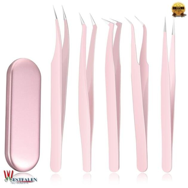 5 Pcs Eyelash Extension Tweezers Set – Volume Lash Tweezers with Straight & Curved Tips – Stainless Steel in Elegant Pink with Storage Box