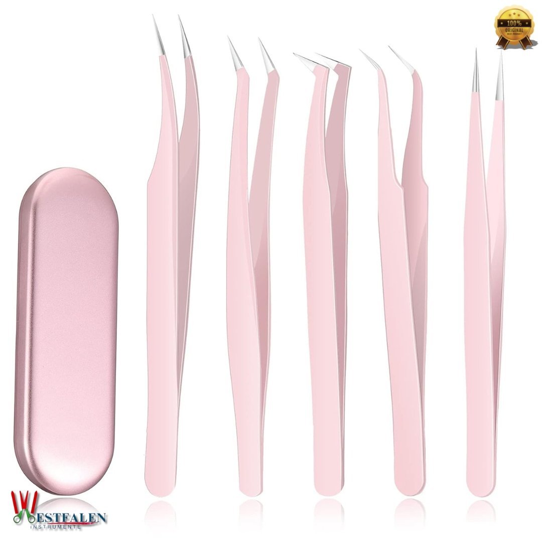 5 Pcs Eyelash Extension Tweezers Set – Volume Lash Tweezers with Straight & Curved Tips – Stainless Steel in Elegant Pink with Storage Box