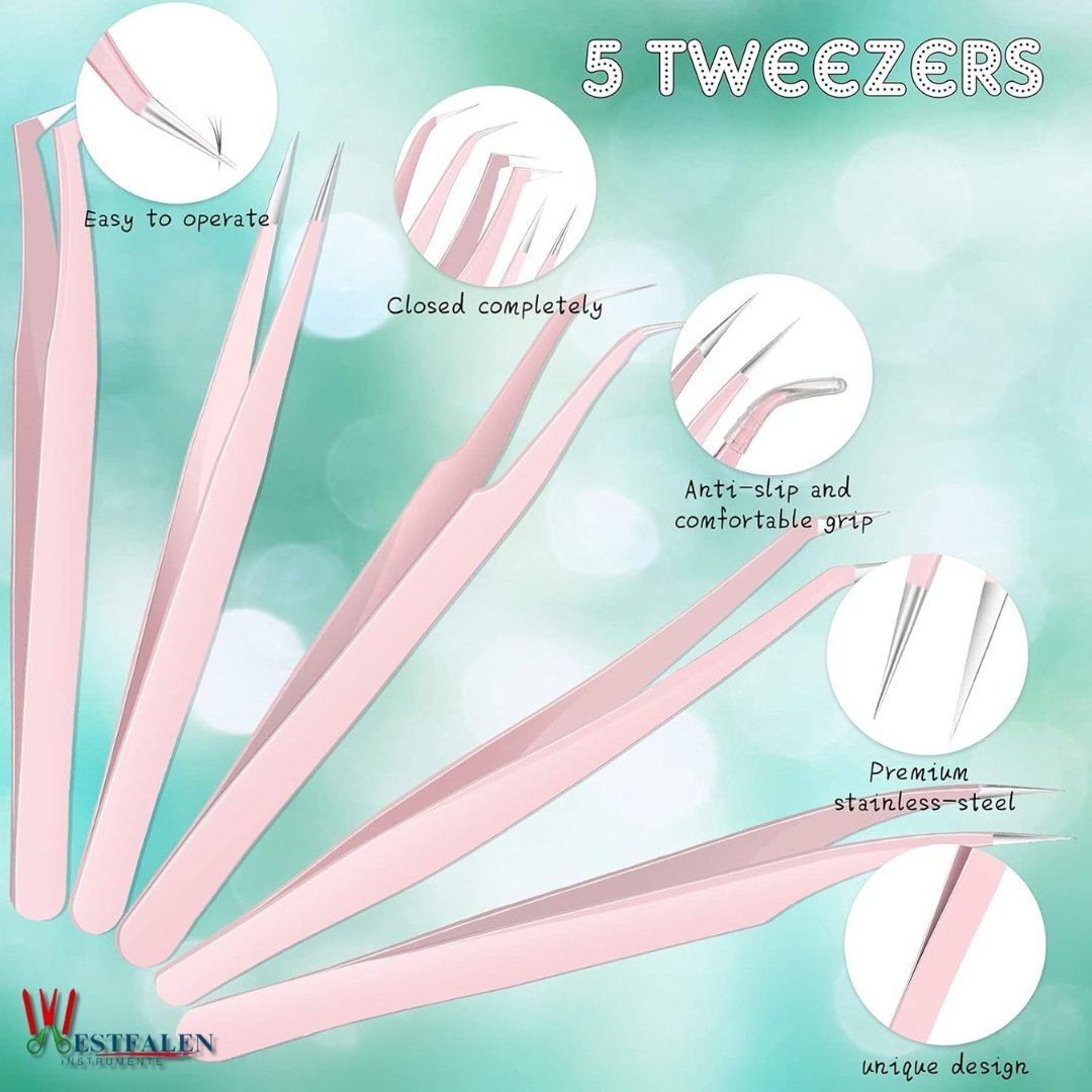 5 Pcs Eyelash Extension Tweezers Set – Volume Lash Tweezers with Straight & Curved Tips – Stainless Steel in Elegant Pink with Storage Box - Image 2