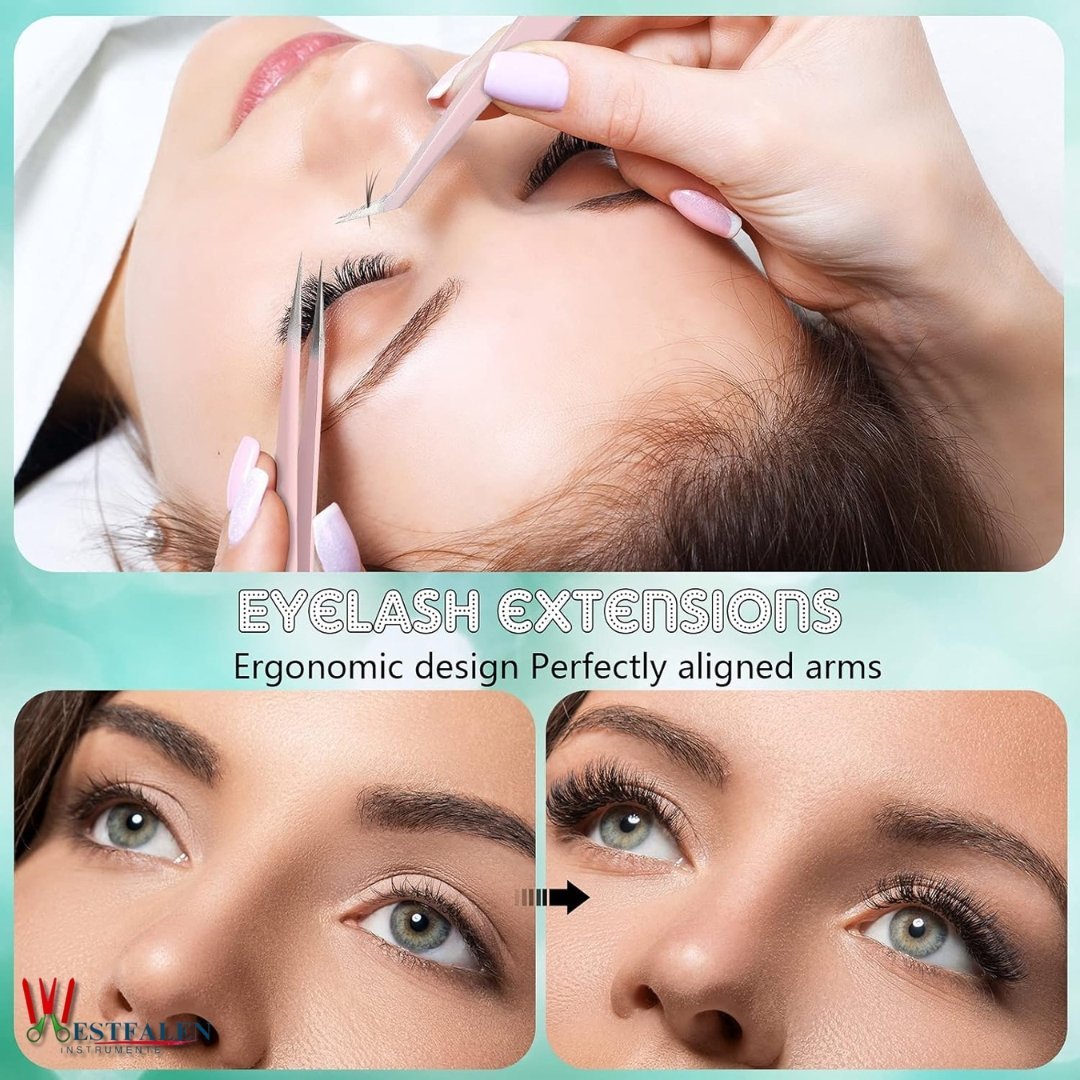 5 Pcs Eyelash Extension Tweezers Set – Volume Lash Tweezers with Straight & Curved Tips – Stainless Steel in Elegant Pink with Storage Box - Image 4