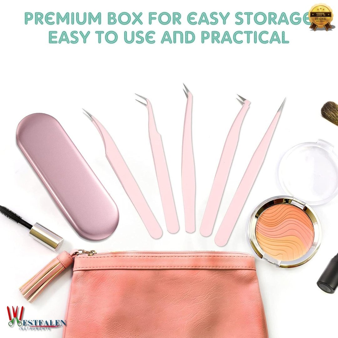 5 Pcs Eyelash Extension Tweezers Set – Volume Lash Tweezers with Straight & Curved Tips – Stainless Steel in Elegant Pink with Storage Box - Image 5