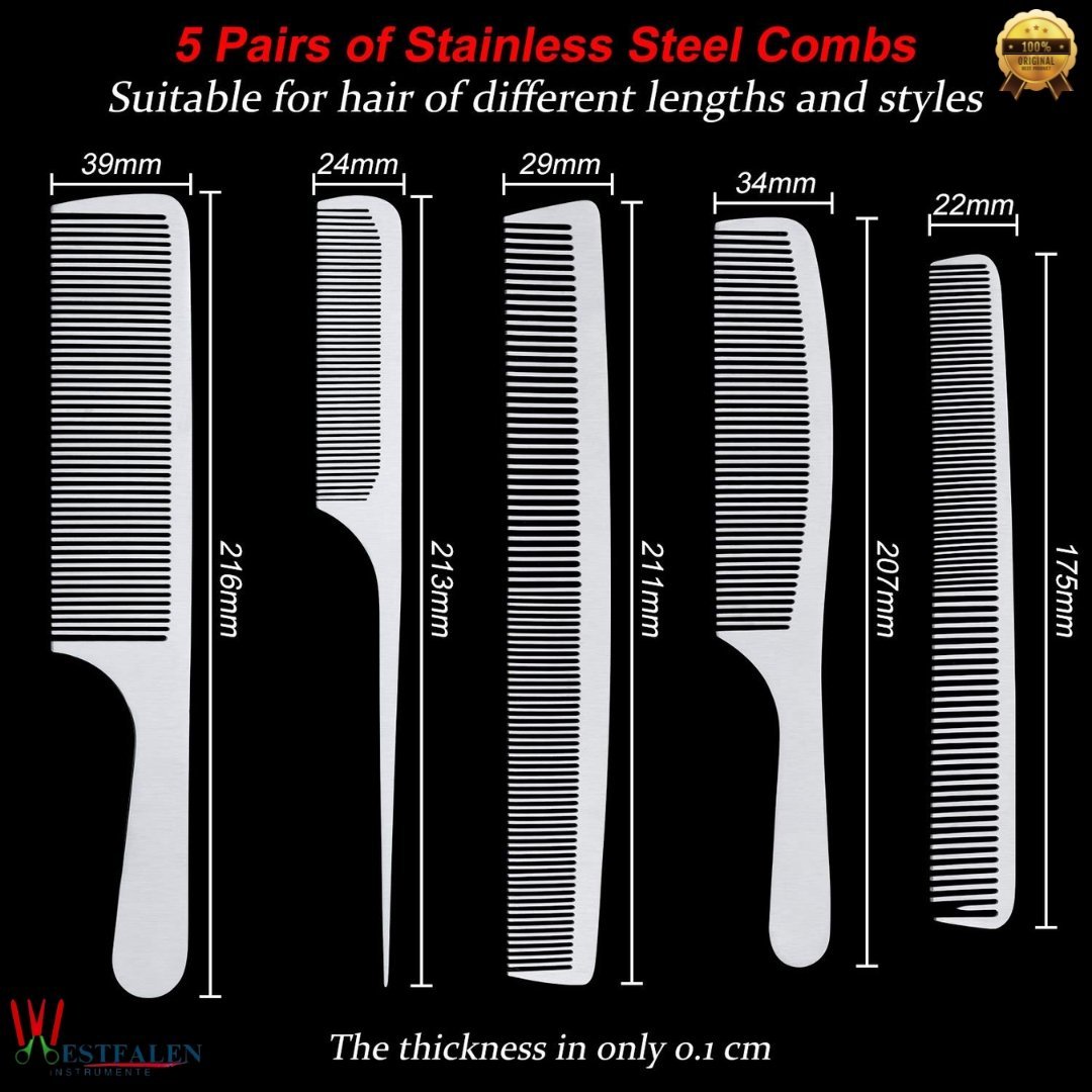 5-Piece Stainless Steel Hair Cutting & Styling Comb Set – Metal Barber Combs for Men & Women – Rat Tail, Handle, Teasing & Detangling Combs for Hairdressing & Grooming - Image 2