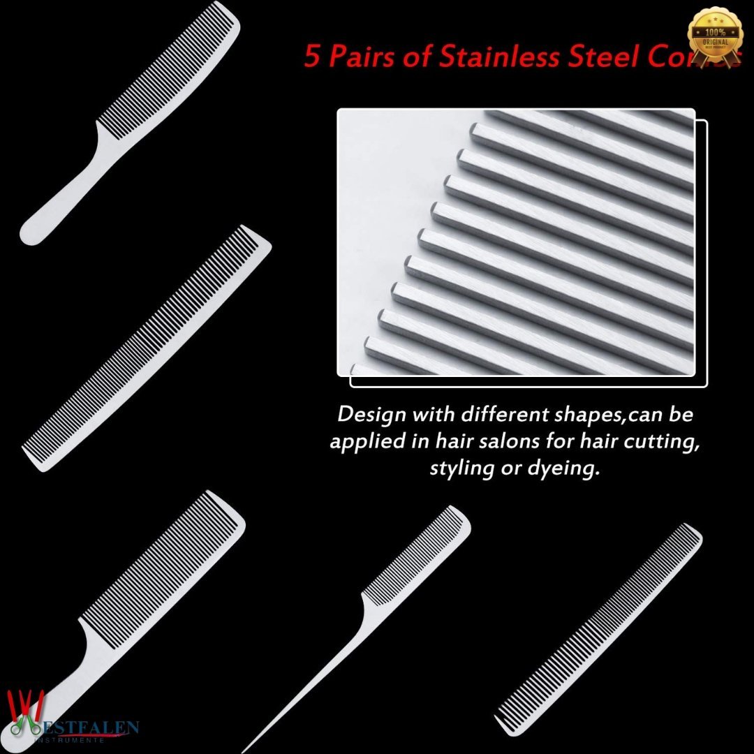 5-Piece Stainless Steel Hair Cutting & Styling Comb Set – Metal Barber Combs for Men & Women – Rat Tail, Handle, Teasing & Detangling Combs for Hairdressing & Grooming - Image 3