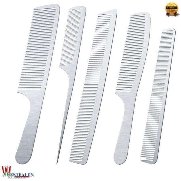 5-Piece Stainless Steel Hair Cutting & Styling Comb Set – Metal Barber Combs for Men & Women – Rat Tail, Handle, Teasing & Detangling Combs for Hairdressing & Grooming