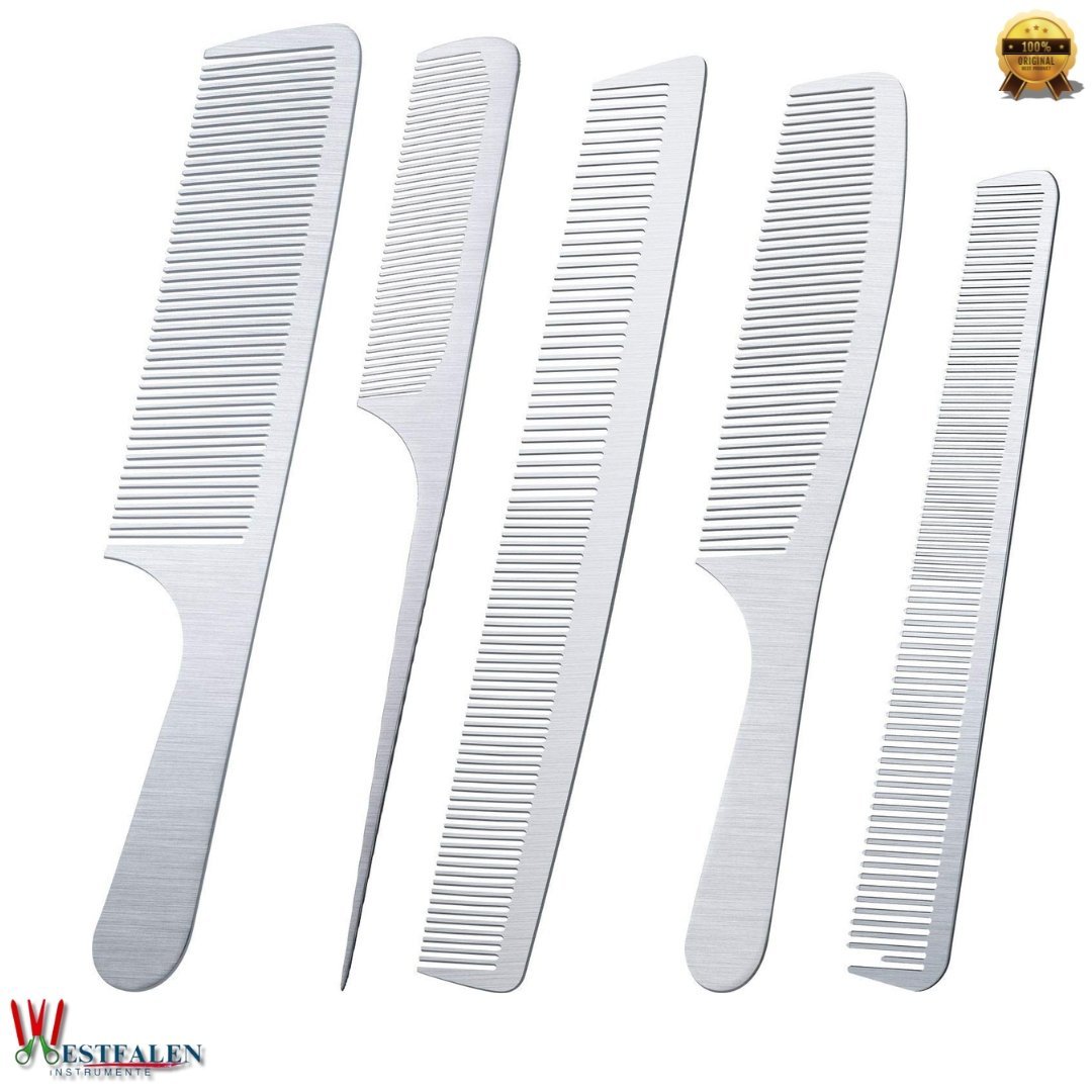 5-Piece Stainless Steel Hair Cutting & Styling Comb Set – Metal Barber Combs for Men & Women – Rat Tail, Handle, Teasing & Detangling Combs for Hairdressing & Grooming