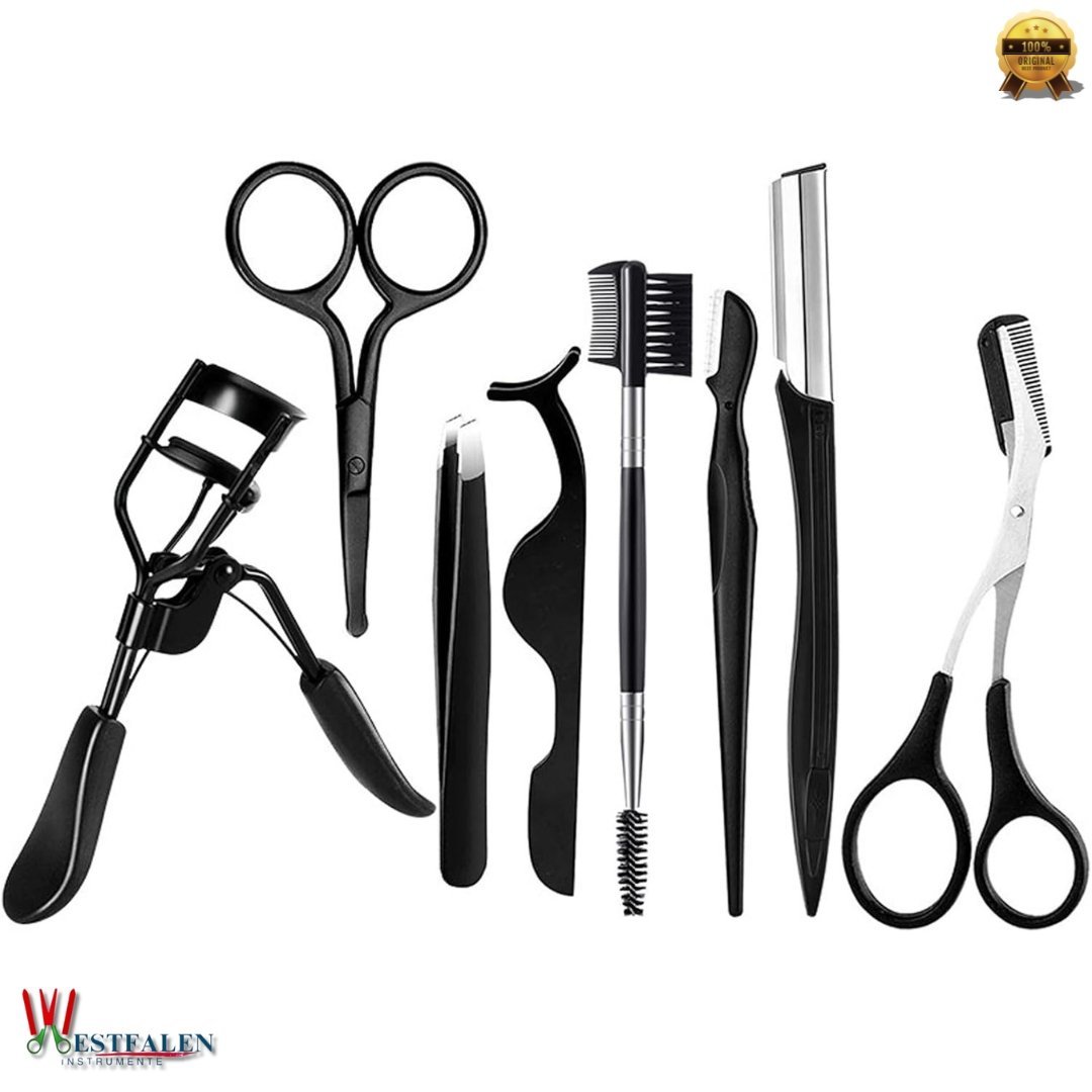 8-Piece Eyelash Curler & Eyebrow Grooming Kit – Complete Lash & Brow Makeup Tool Set (Black)